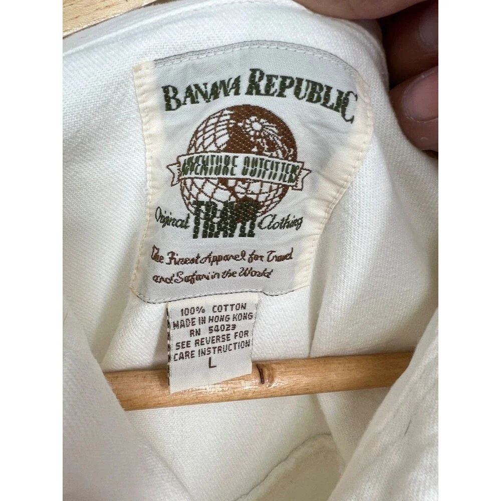 Banana Republic Adventure Outfitters Shirt L White Pearl Snap Safari 80s VTG